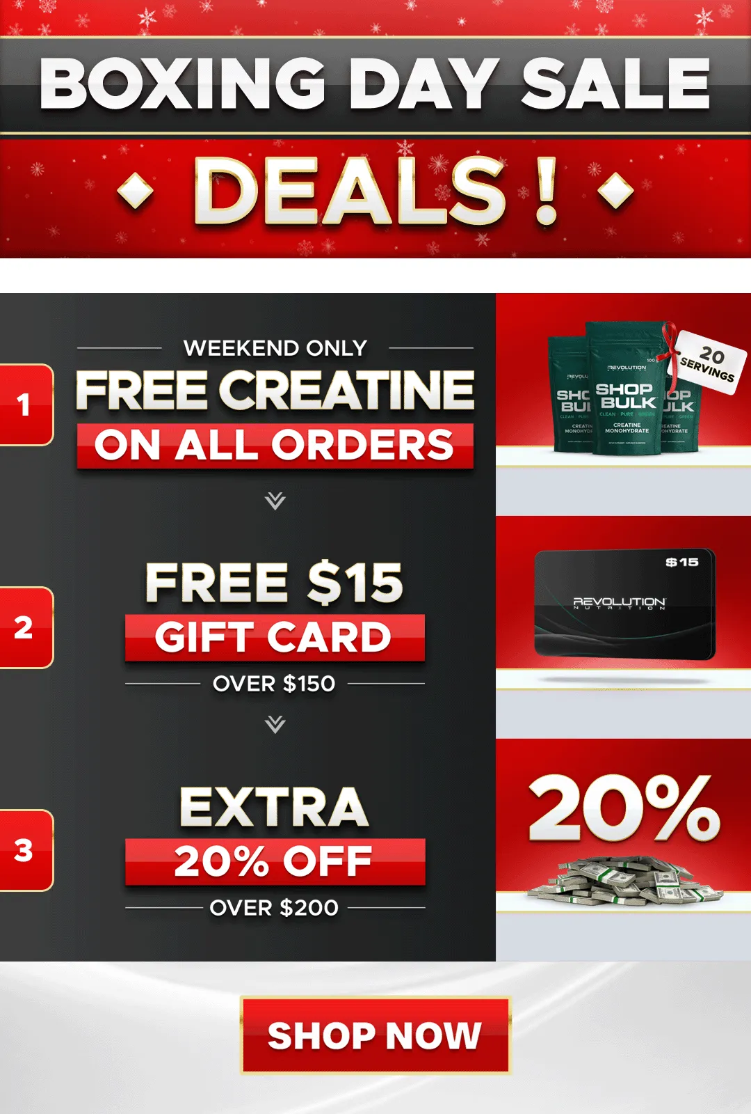 our tiers are free shipping over $99, free creating 500g on all orders and a $50 e-gift card over $250