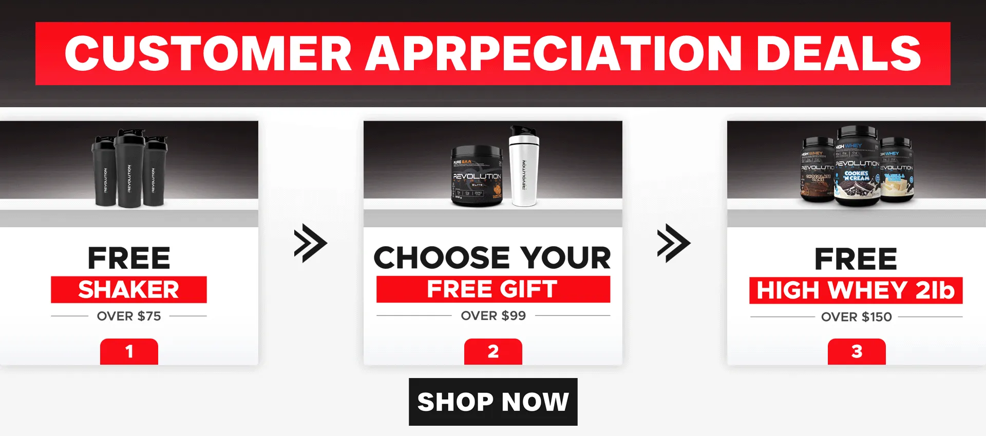 New Deals of the year- Free shaker $75 - Free $25 gift card over $150- free gift over 99