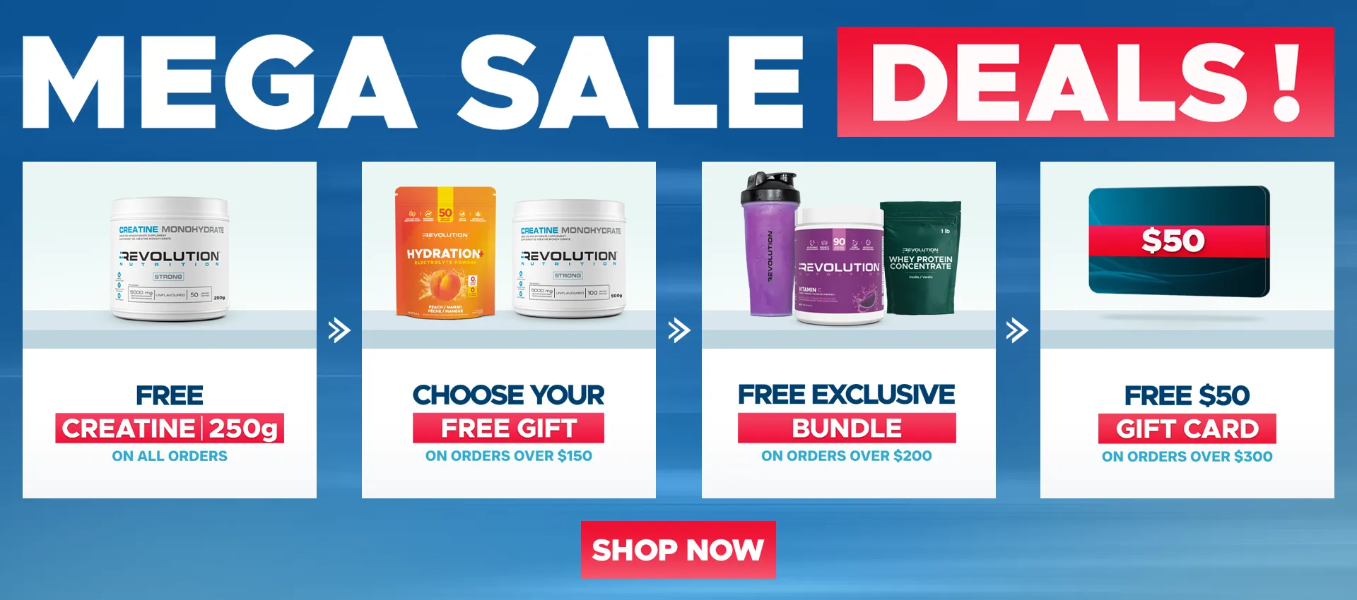 our tiers are free shipping over $99, free creating 1kg over $200 and a $50 e-gift card over $300