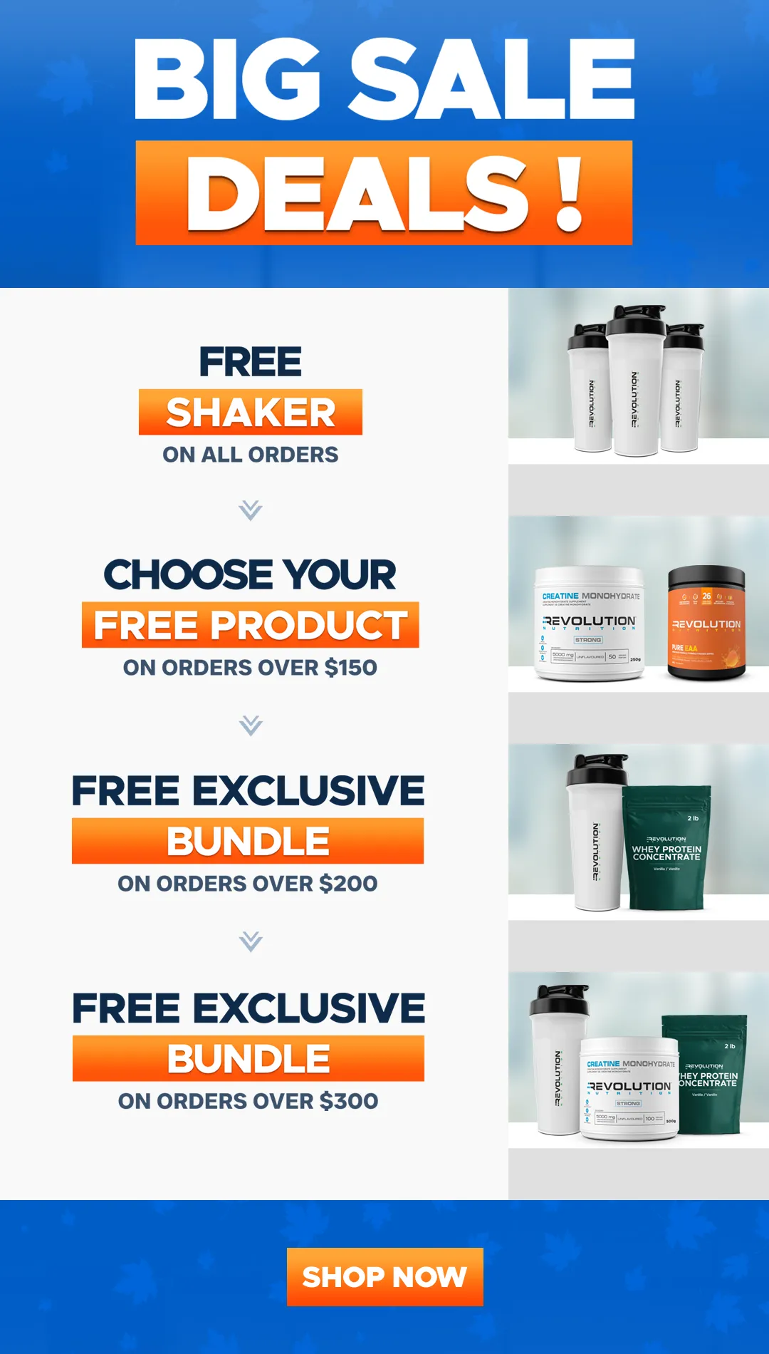 our tiers are free shipping over $99, free creating 1kg over $200 and a $50 e-gift card over $300