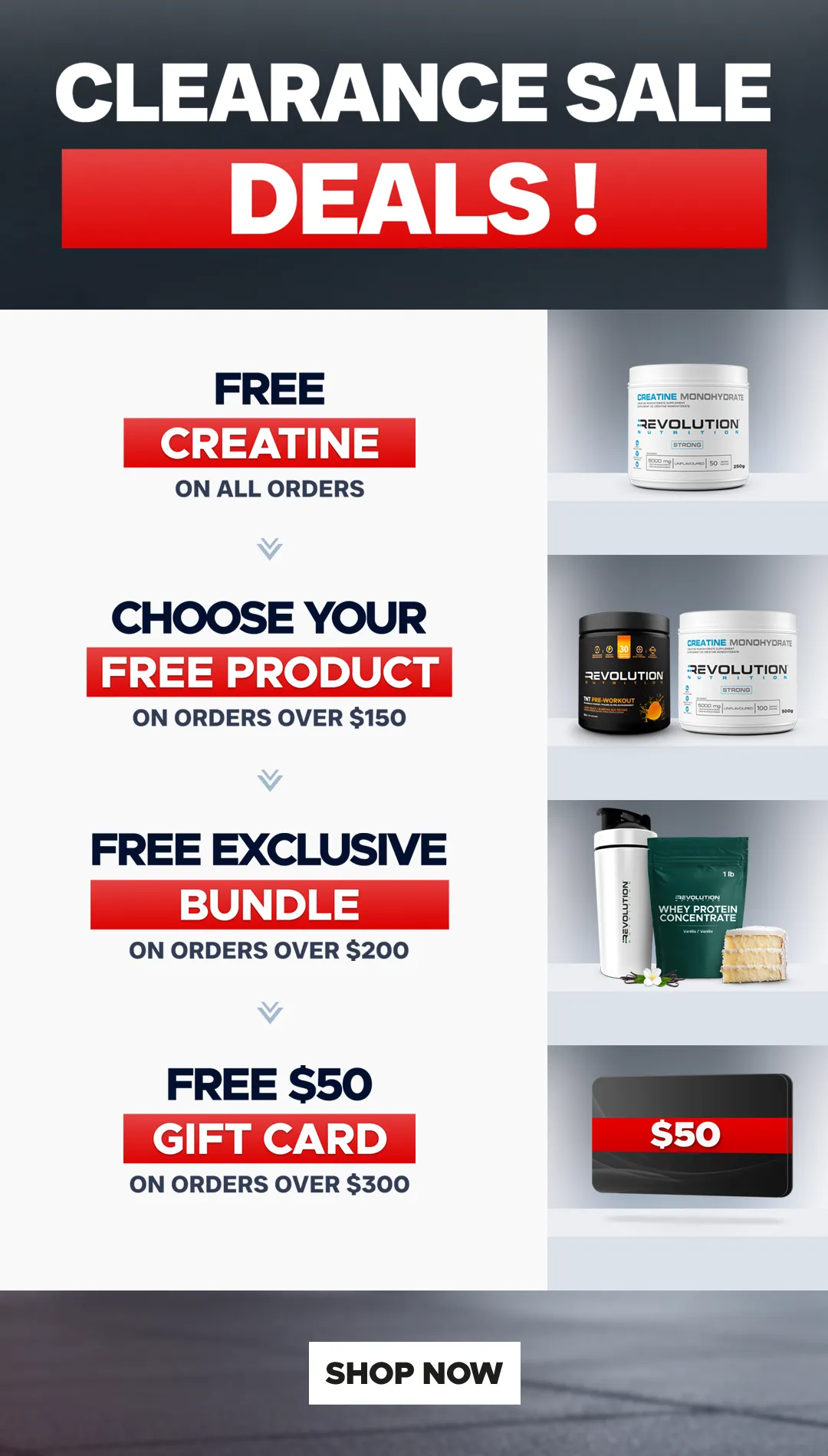 our tiers are free shipping over $99, free creating 1kg over $200 and a $50 e-gift card over $300