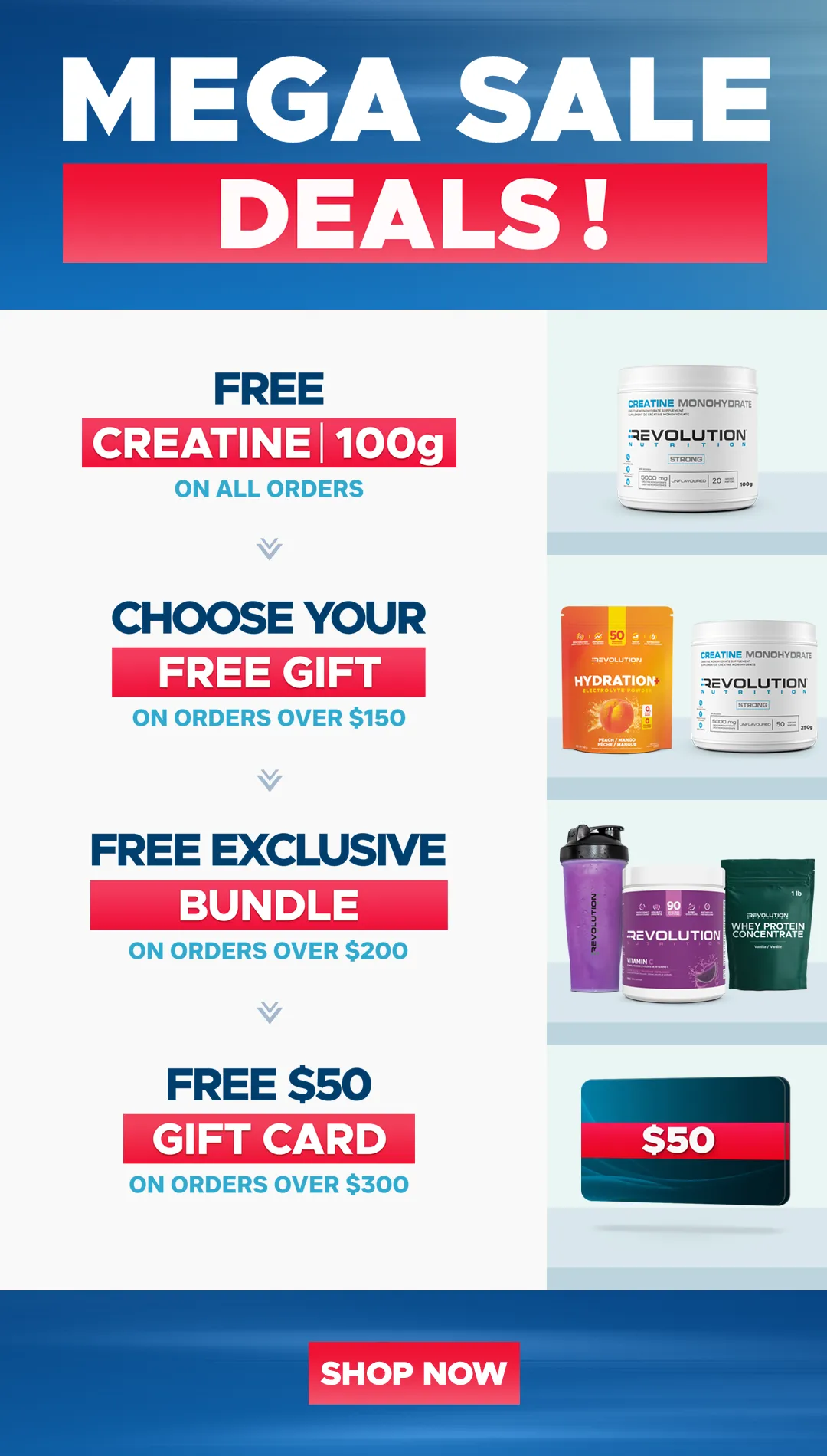 our tiers are free shipping over $99, free creating 1kg over $200 and a $50 e-gift card over $300