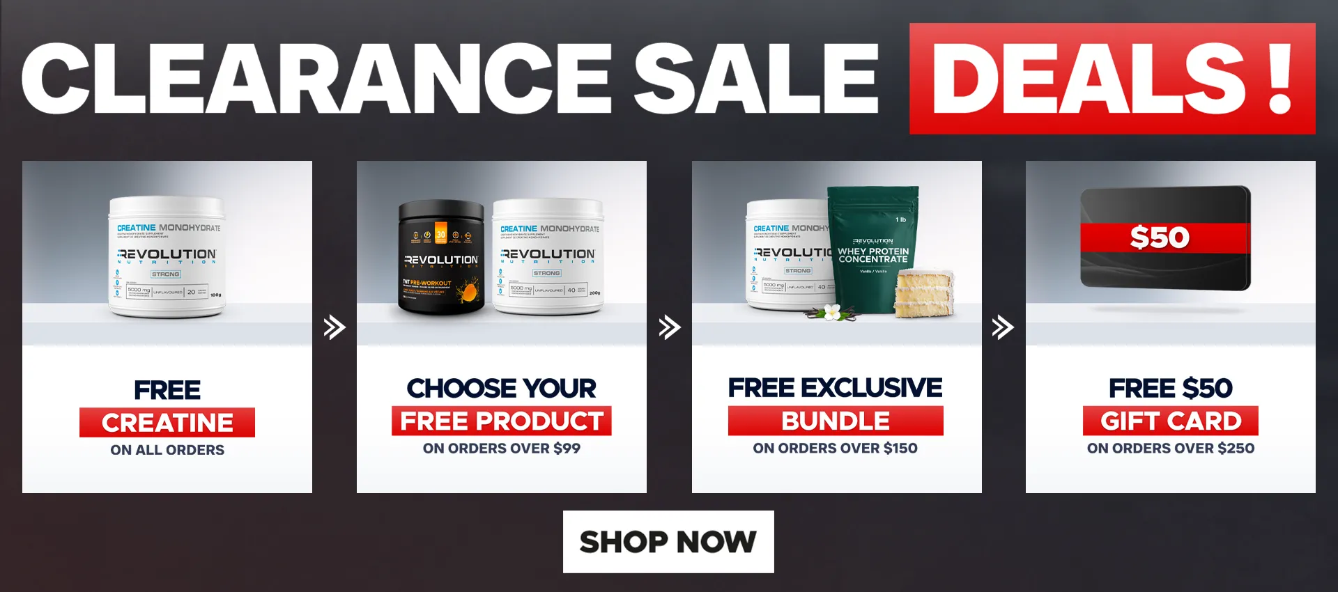 CLEARANCE SALE - Free creatine 20 Servings on all orders, choose between TNT and pure EAA over 99$ and high whey over 150$ and 50$ gift card over 250, you can only choose one gift at any given time