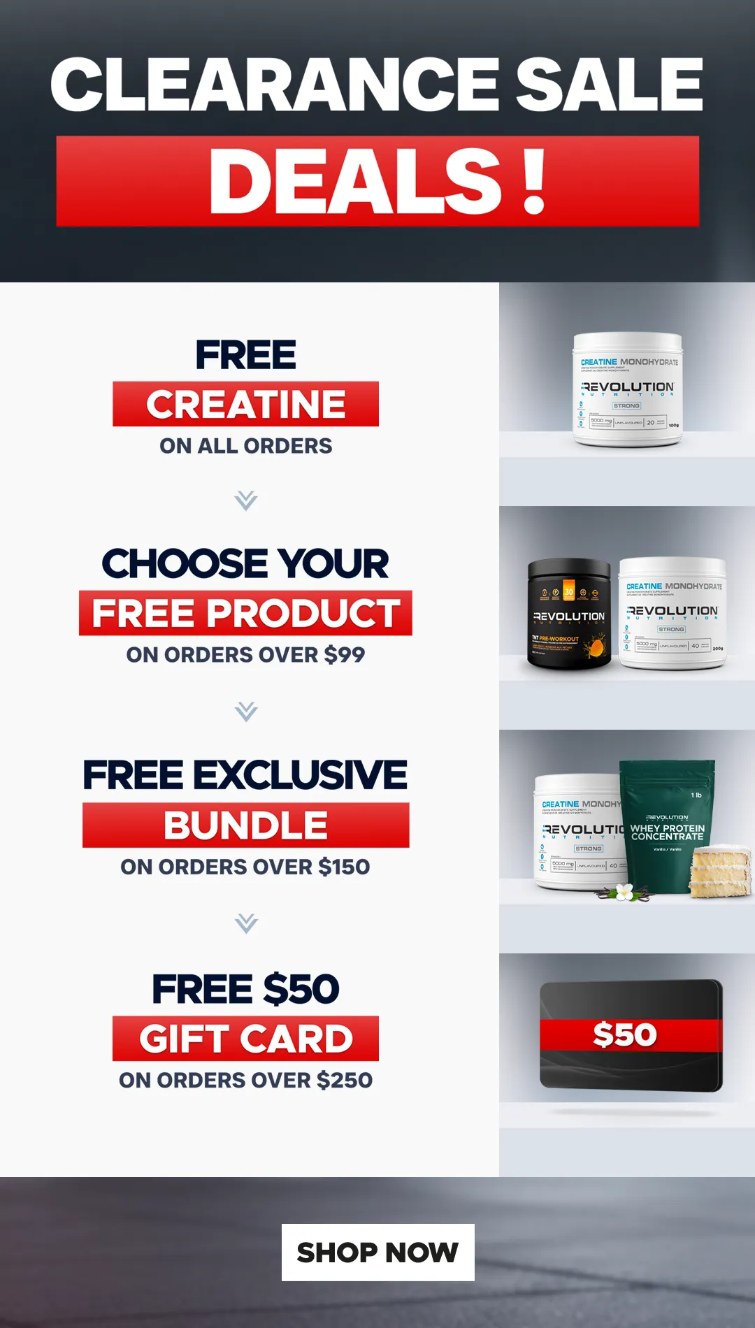 CLEARANCE SALE - Free creatine 20 Servings on all orders, choose between TNT and pure EAA over 99$ and high whey over 150$ and 50$ gift card over 250, you can only choose one gift at any given time
