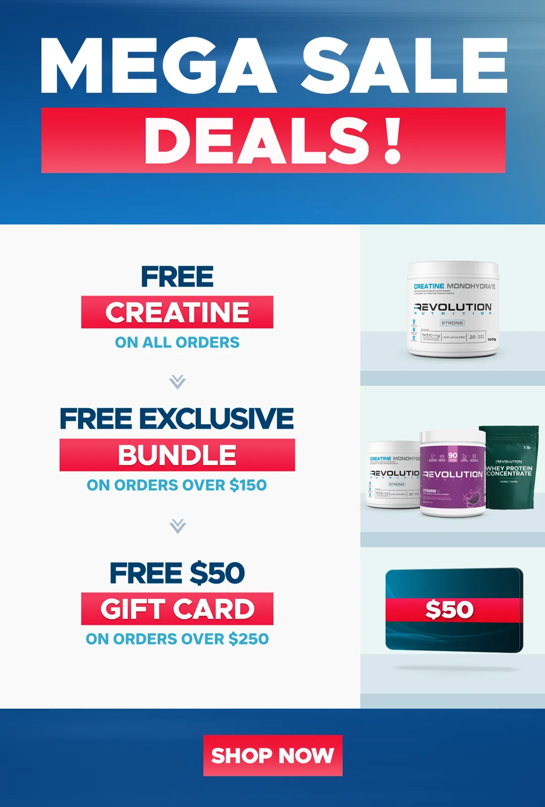CLEARANCE SALE - Free creatine 20 Servings on all orders, choose between TNT and pure EAA over 99$ and high whey over 150$ and 50$ gift card over 250, you can only choose one gift at any given time