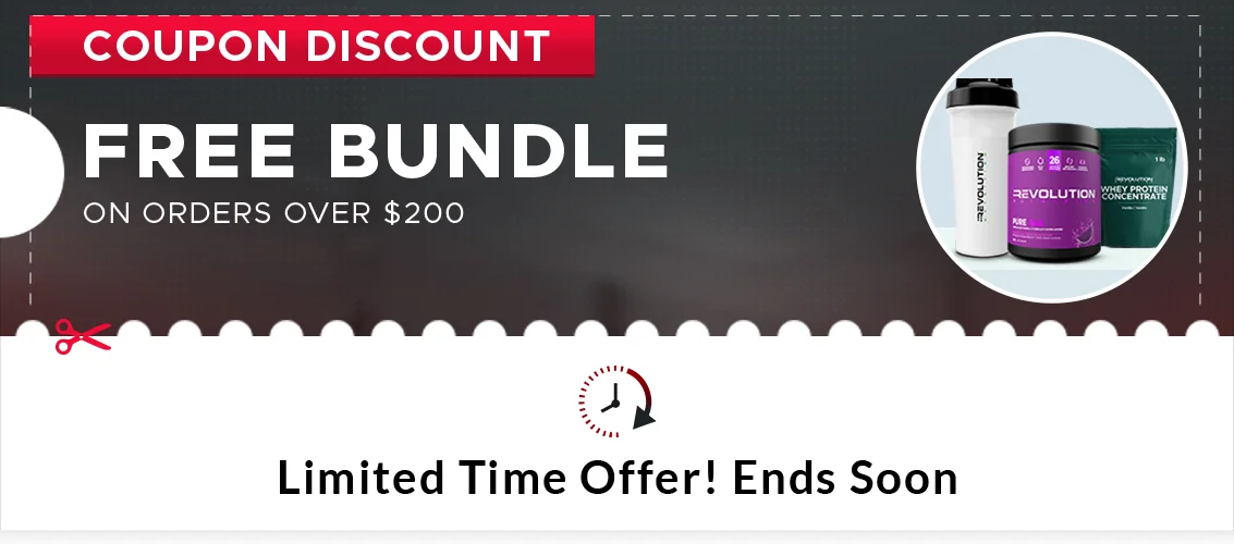 Revolution Nutrition Sale discount Promotion free shaker plus vitamin C plus Whey protein 1lb bundle over 200$