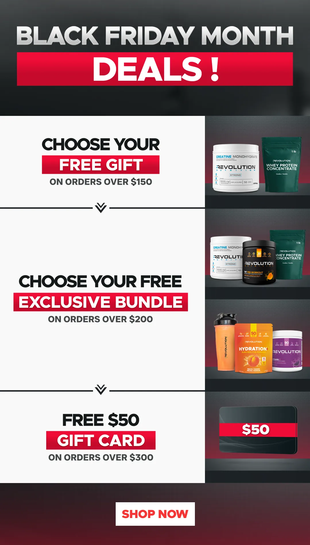 our tiers are free shipping over $99, free creating 1kg over $200 and a $50 e-gift card over $300