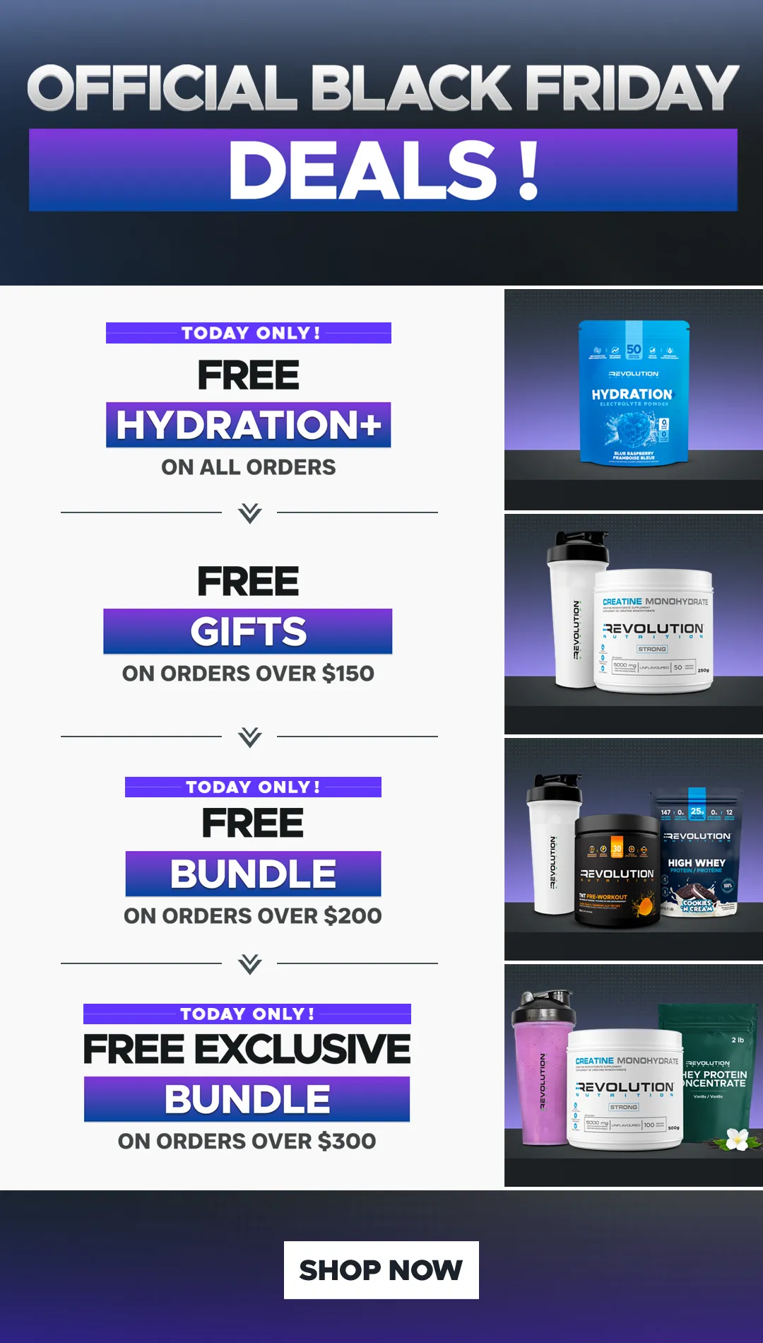 our tiers are free shipping over $99, free creating 1kg over $200 and a $50 e-gift card over $300