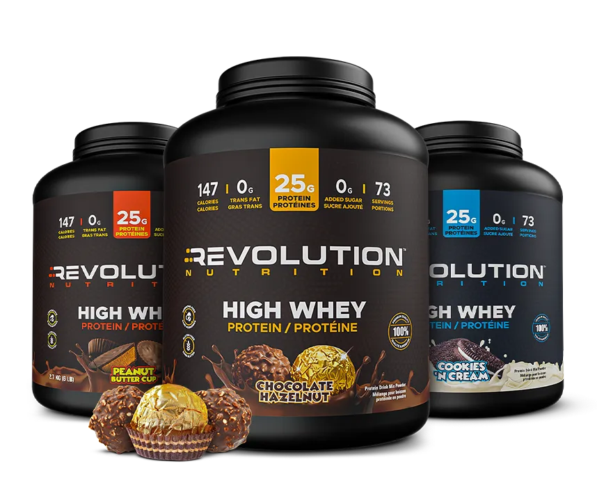 image of 3 flavors of revolution nutrition high whey jars 