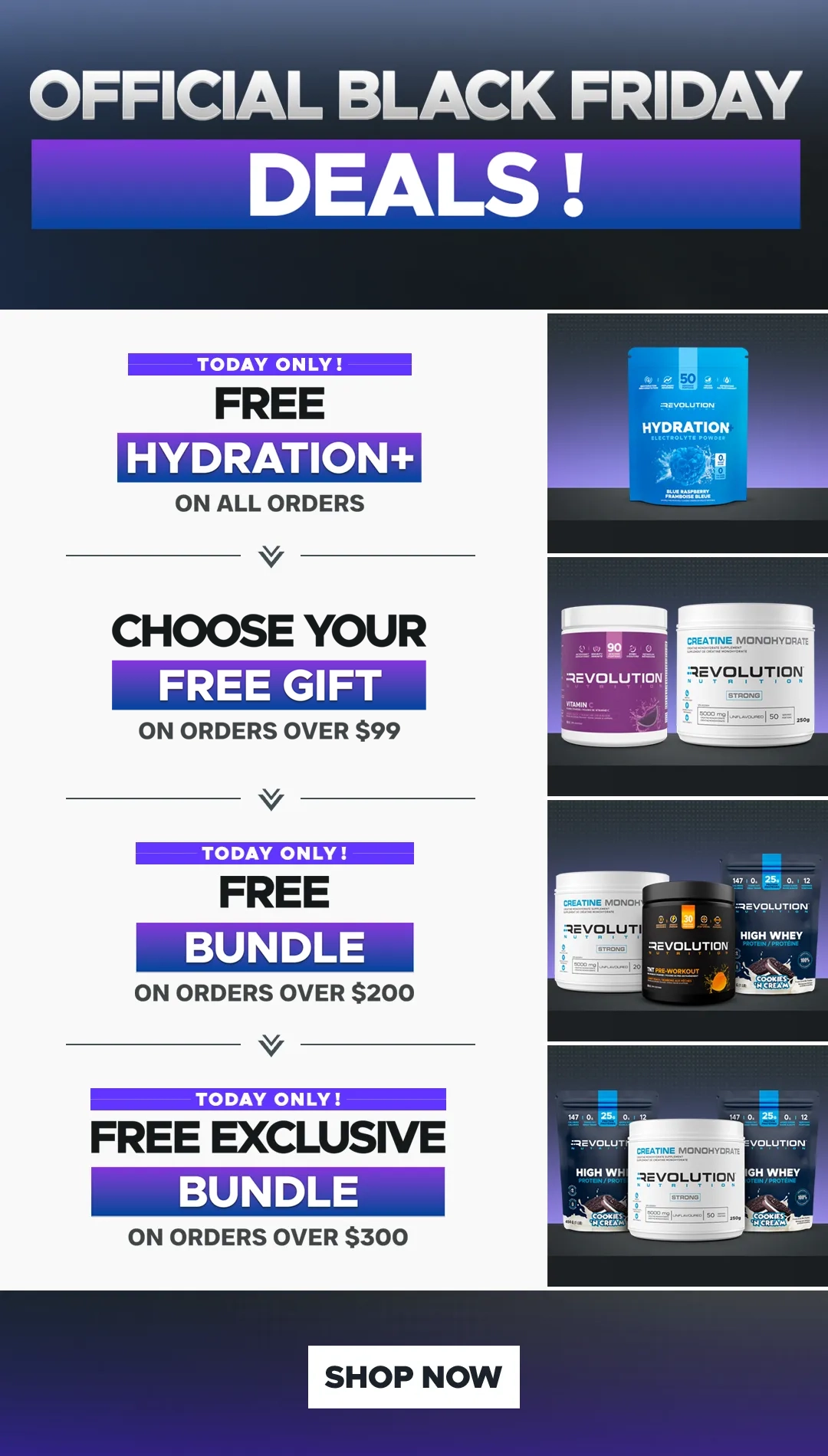 our tiers are free shipping over $99, free creating 1kg over $200 and a $50 e-gift card over $300