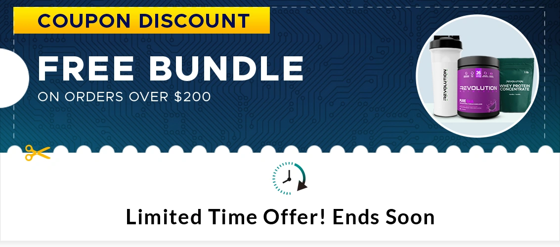 Revolution Nutrition Sale discount Promotion free shaker plus vitamin C plus Whey protein 1lb bundle over 200$