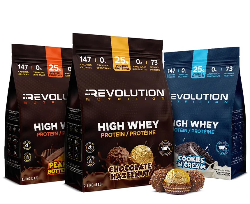image of 3 flavors of revolution nutrition high whey jars 