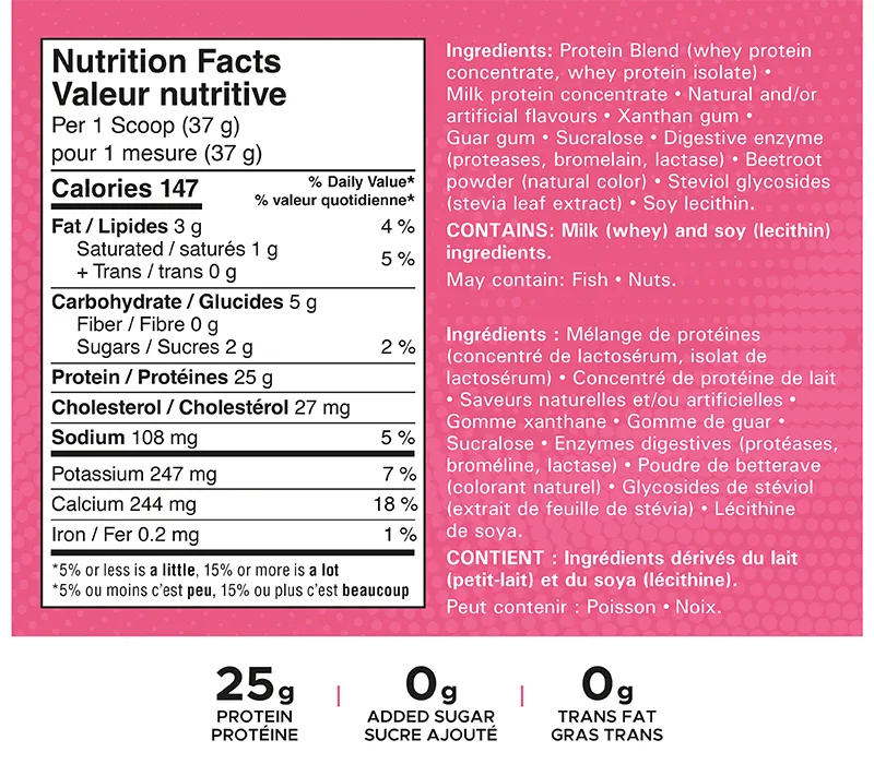 for 37g or 1 scoop contains 25g of protein 0g of added sugar and 0 trans fat for 147 calories