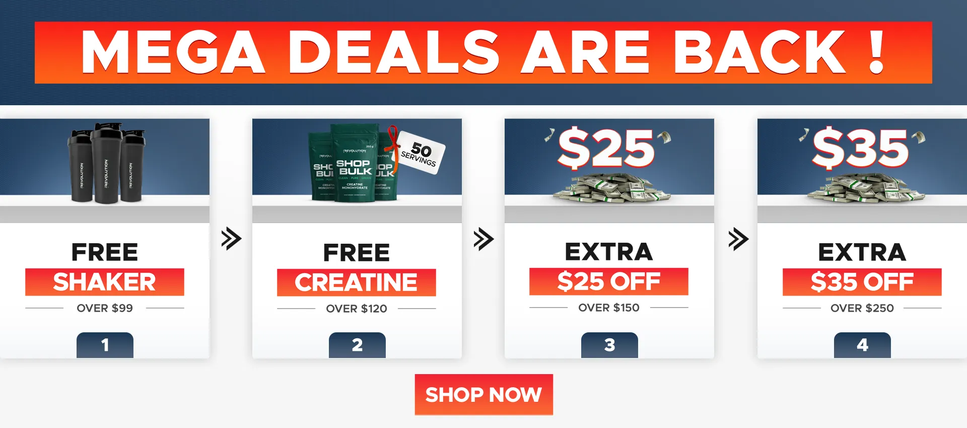 Mega deals are back- Free shaker over $99-Free Creatine 250g over $120- Extra $20 off over $150 - Extra $30 over $250- Shop now
