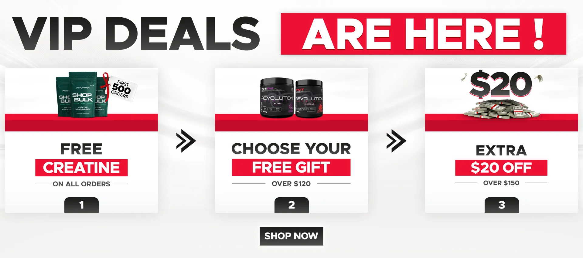 Mega deals are back- Free shaker over $99-Free Creatine 250g over $120- Extra $20 off over $150 - Extra $30 over $250- Shop now