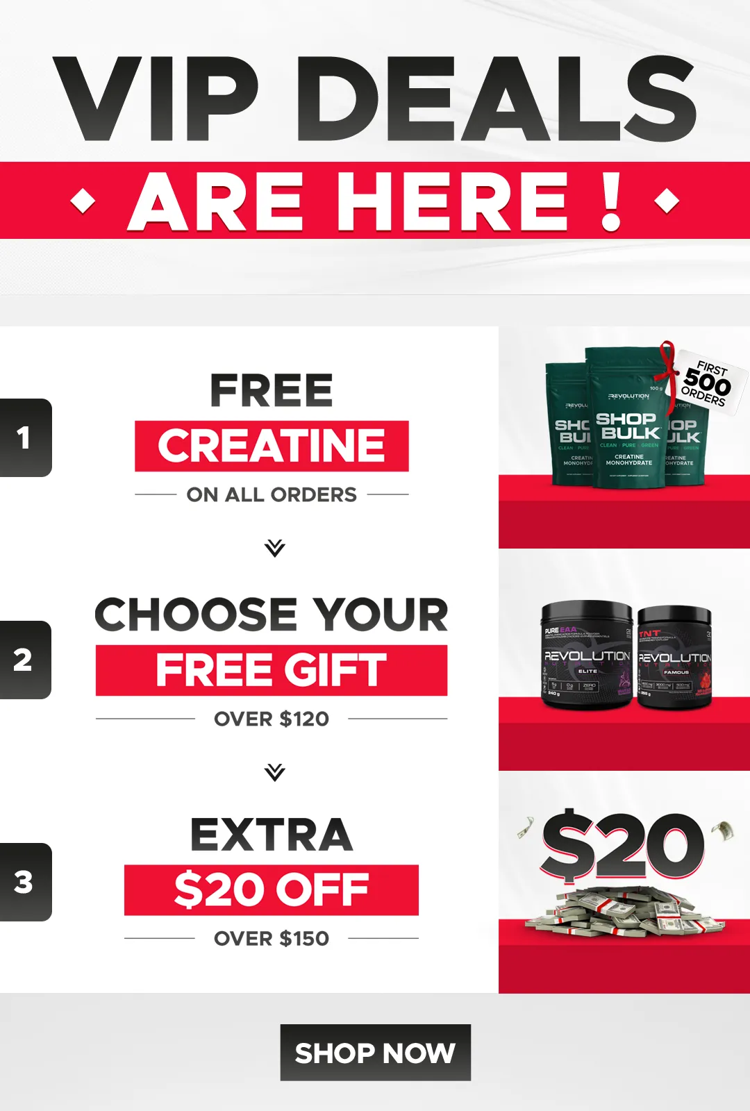 Mega deals are back- Free shaker over $99-Free Creatine 250g over $120- Extra $20 off over $150 - Extra $30 over $250- Shop now