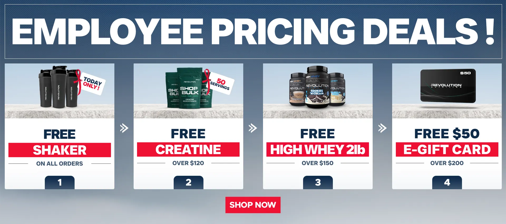 Employee pricing deals are back- Free Creatine 250g - 50 servings over $120- a high whey 2lbs over 150 and a free e-gift card over $50 - Shop now