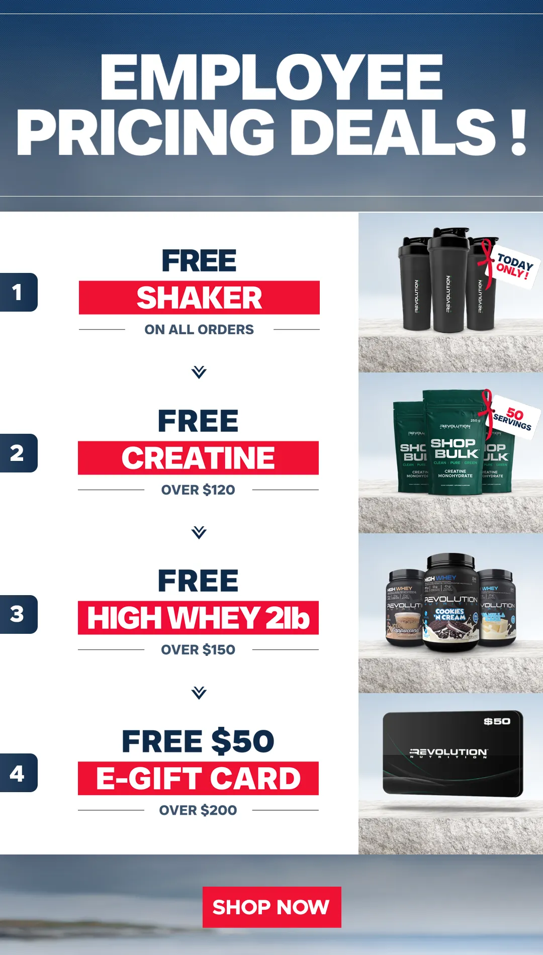 Employee pricing deals are back- Free Creatine 250g - 50 servings over $120- a high whey 2lbs over 150 and a free e-gift card over $50 - Shop now