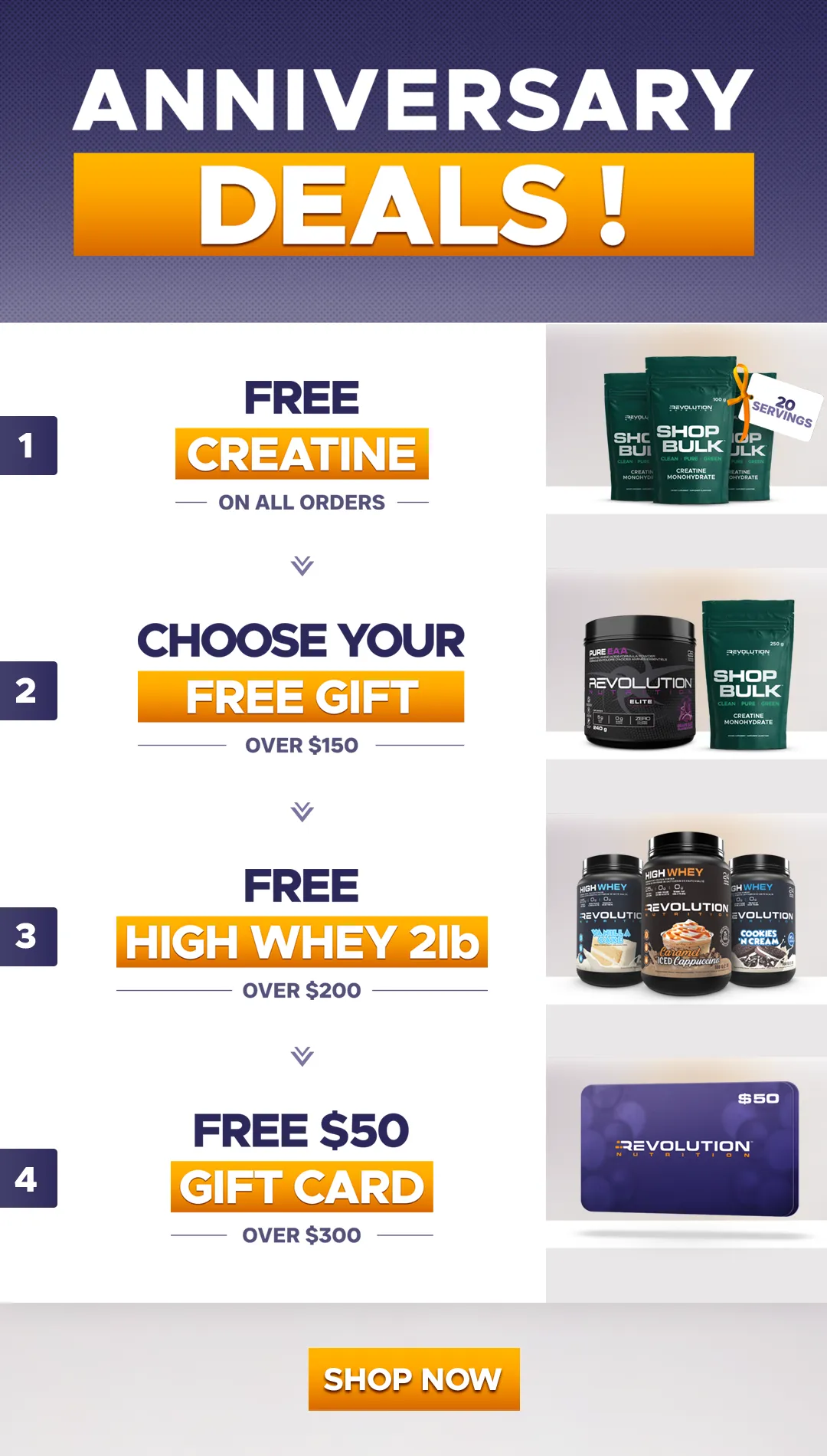our tiers are free shipping over $99, free creating 500g on all orders and a $50 e-gift card over $250