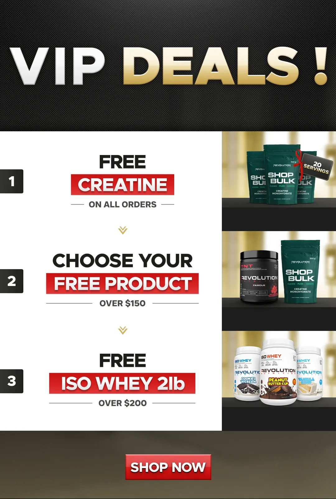 our tiers are free shipping over $99, free creating 500g on all orders and a $50 e-gift card over $250