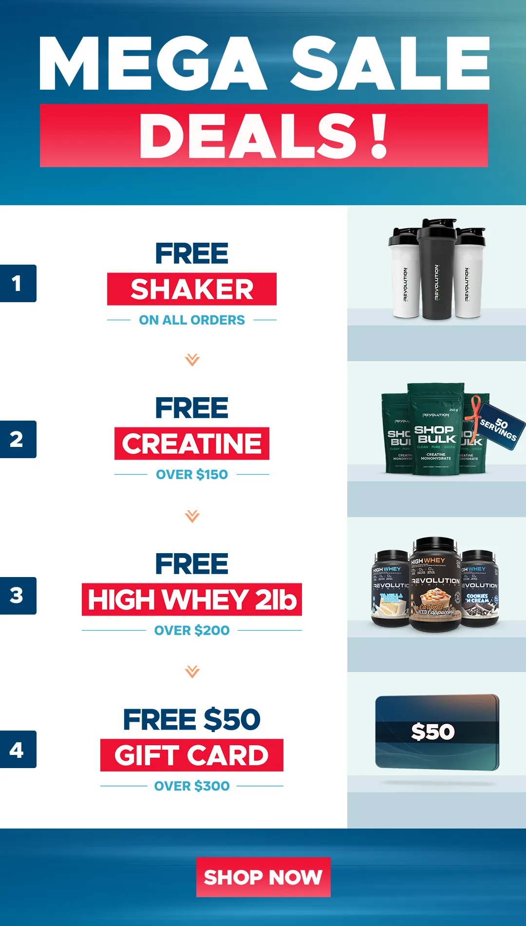 our tiers are free shipping over $99, free creating 1kg over $200 and a $50 e-gift card over $300