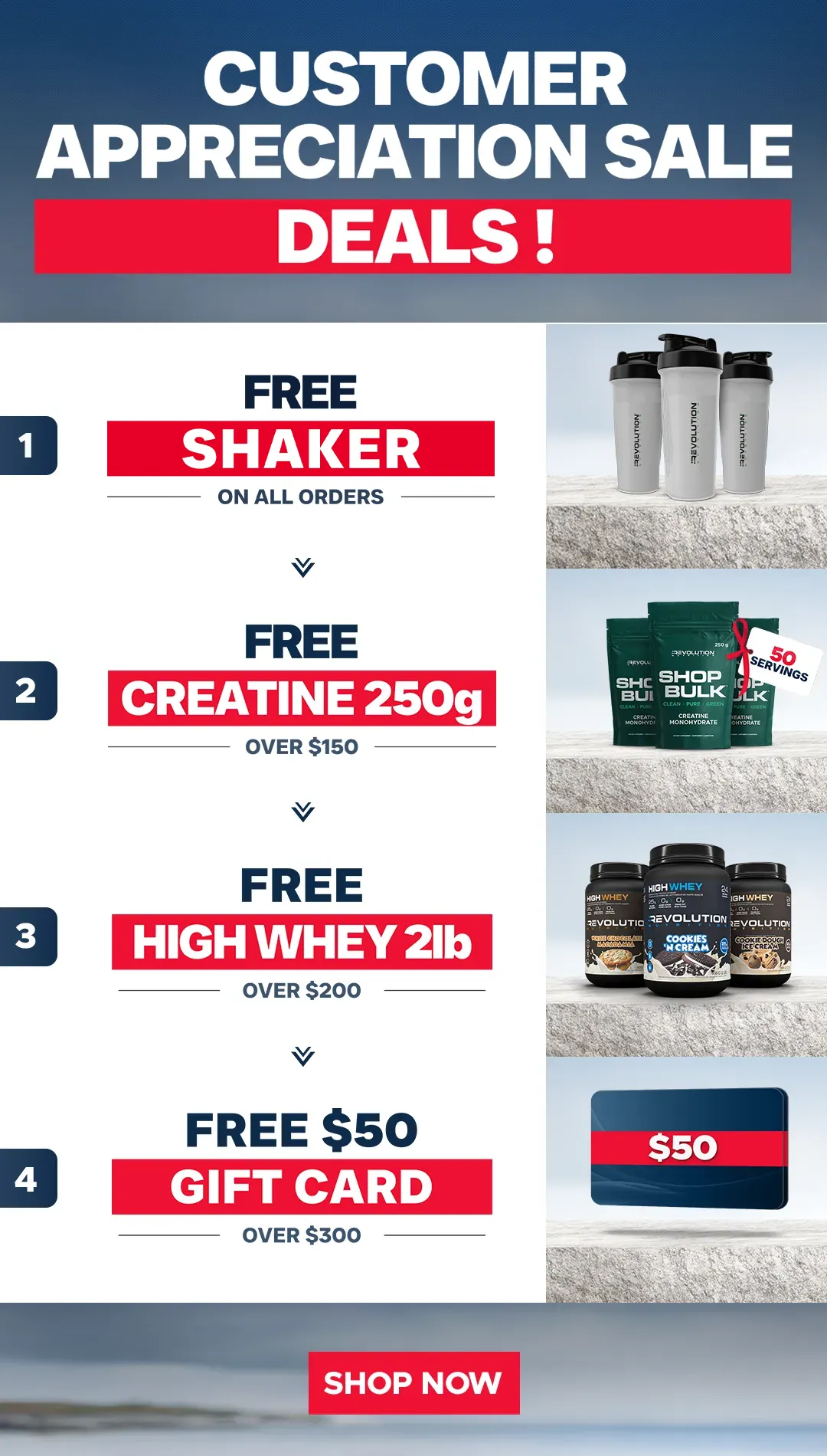 our tiers are free shipping over $99, free creating 1kg over $200 and a $50 e-gift card over $300