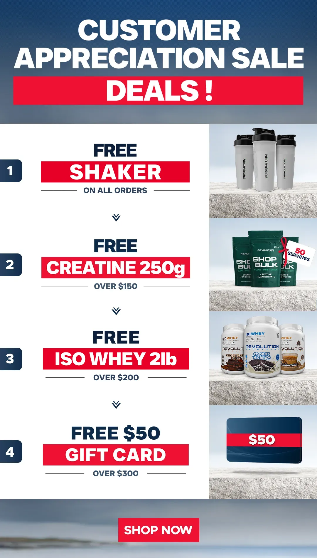 our tiers are free shipping over $99, free creating 1kg over $200 and a $50 e-gift card over $300