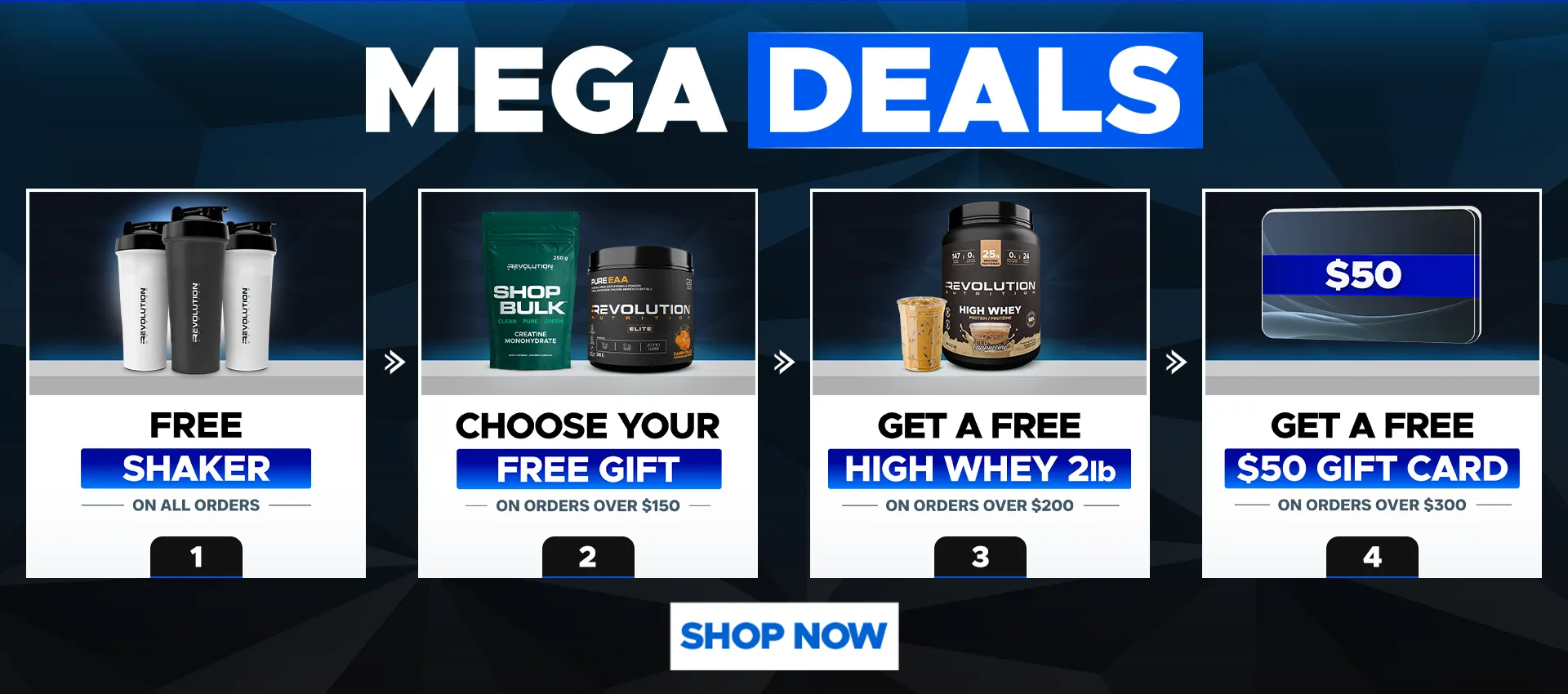our tiers are free shipping over $99, free creating 1kg over $200 and a $50 e-gift card over $300