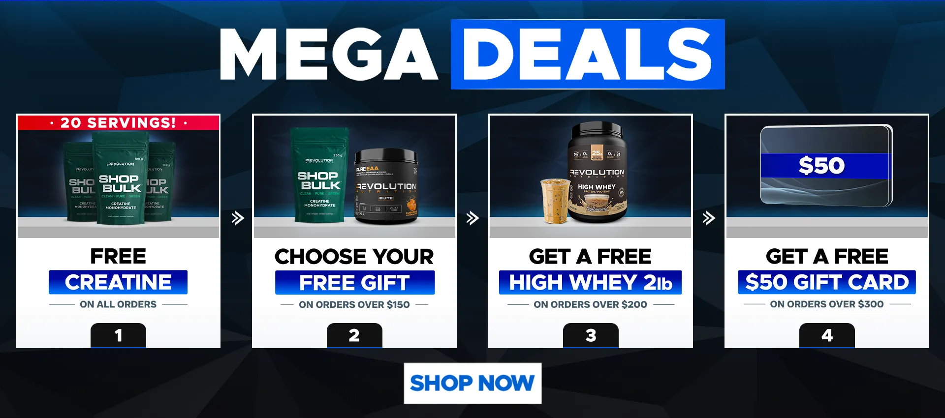 our tiers are free shipping over $99, free creating 1kg over $200 and a $50 e-gift card over $300