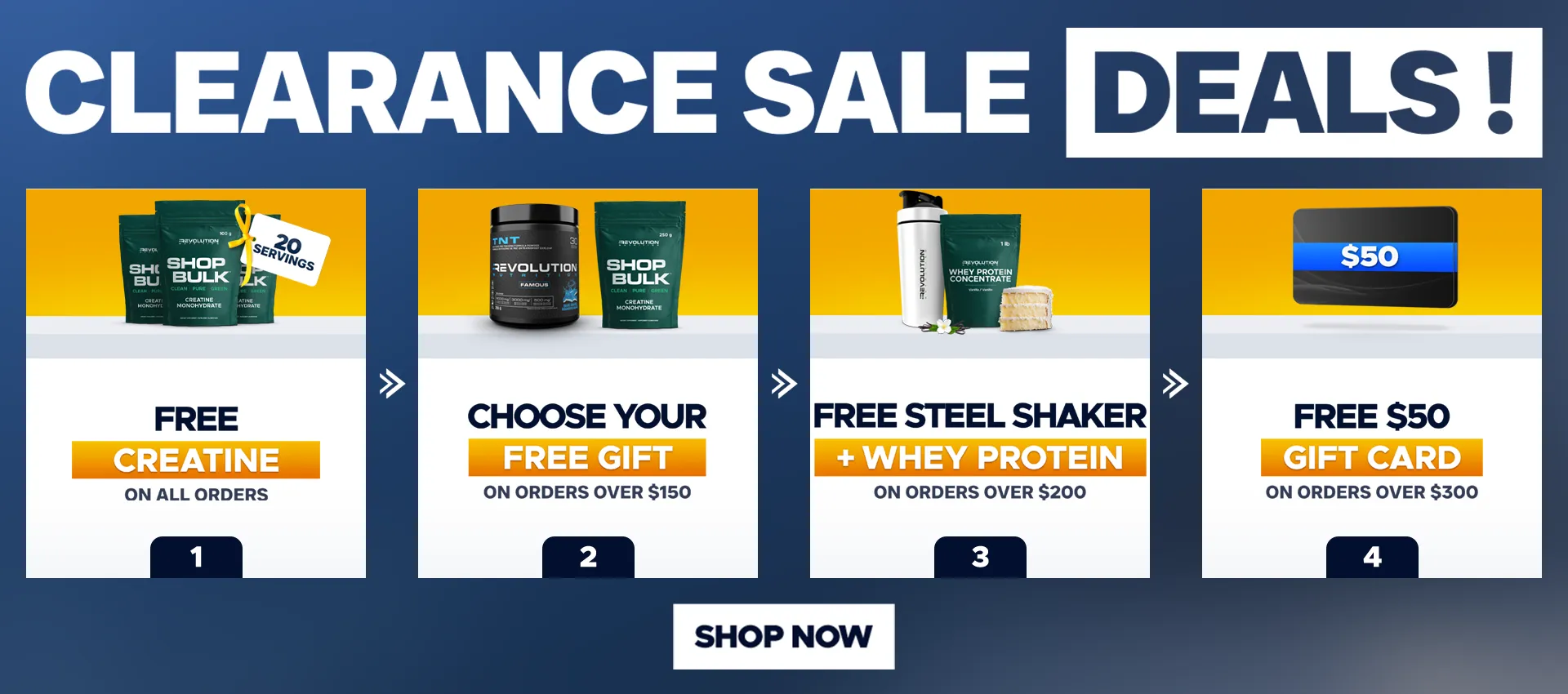 our tiers are free shipping over $99, free creating 1kg over $200 and a $50 e-gift card over $300