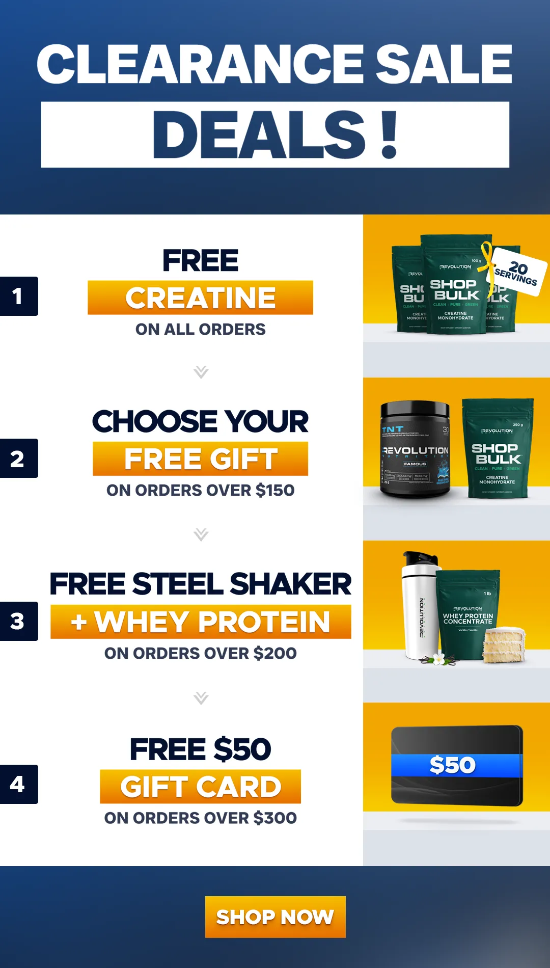 our tiers are free shipping over $99, free creating 1kg over $200 and a $50 e-gift card over $300