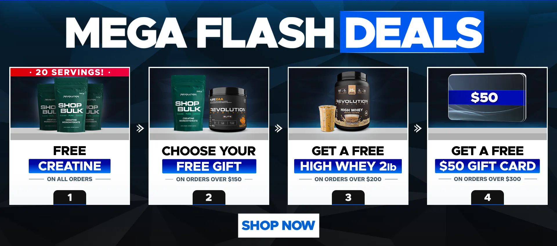 our tiers are free shipping over $99, free creating 1kg over $200 and a $50 e-gift card over $300