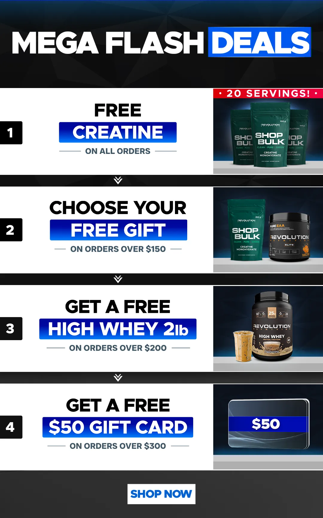 our tiers are free shipping over $99, free creating 1kg over $200 and a $50 e-gift card over $300