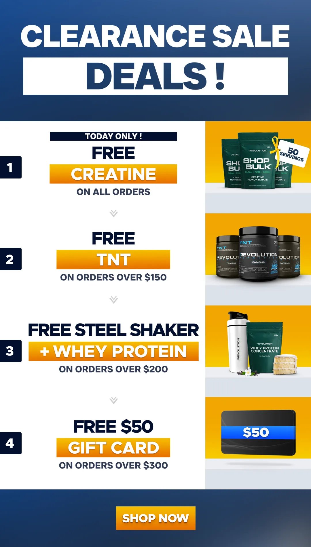 our tiers are free shipping over $99, free creating 1kg over $200 and a $50 e-gift card over $300