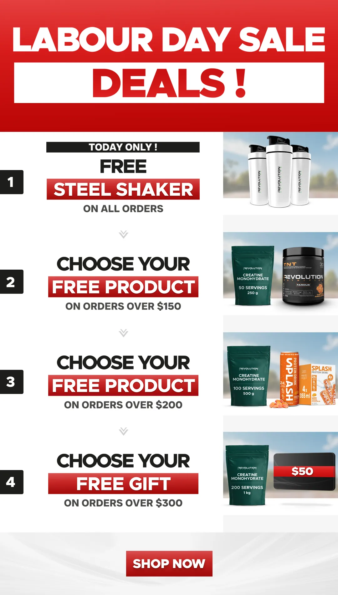 our tiers are free shipping over $99, free creating 1kg over $200 and a $50 e-gift card over $300