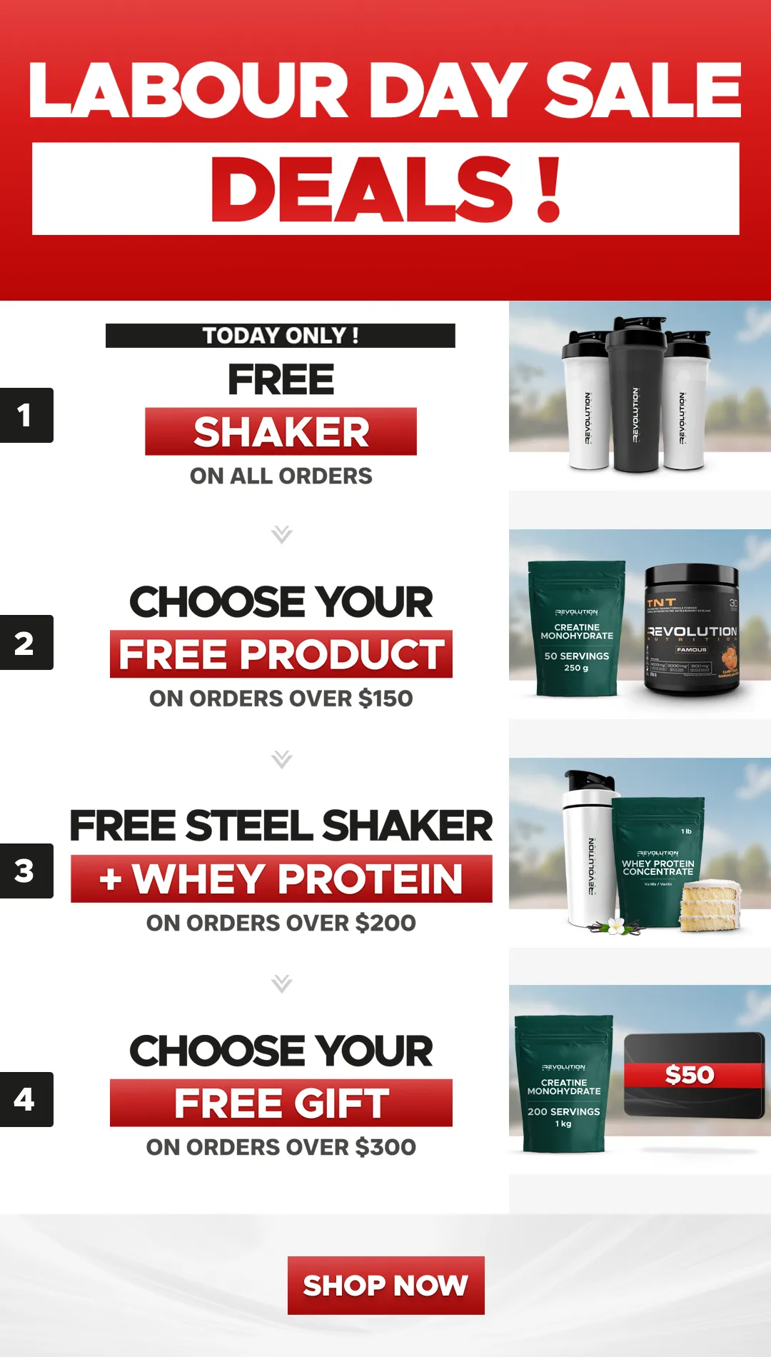 our tiers are free shipping over $99, free creating 1kg over $200 and a $50 e-gift card over $300