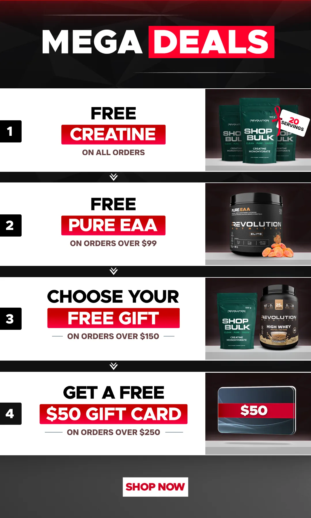 CLEARANCE SALE - free pure eaa or Creatine 50 Servings over $120, creatine 100 Servings or $20 gift card over $150 and $35 gift card over $200