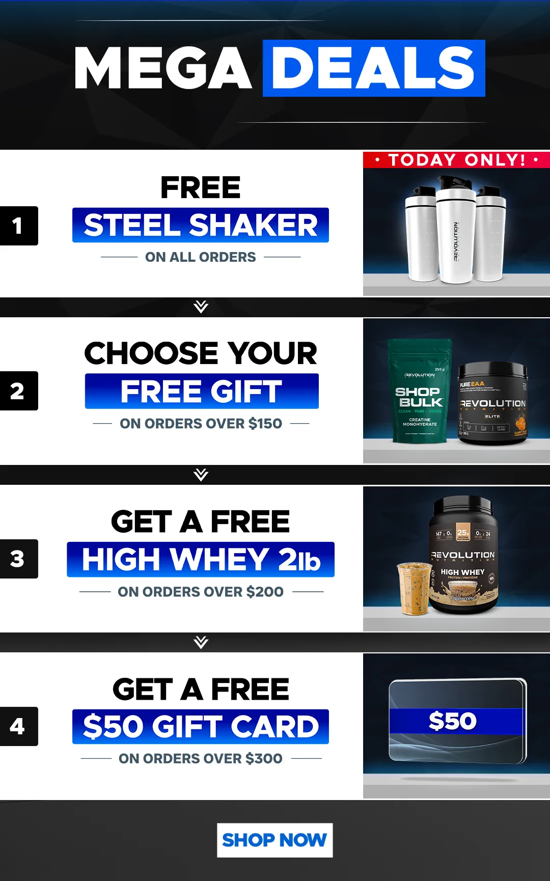 our tiers are free shipping over $99, free creating 1kg over $200 and a $50 e-gift card over $300