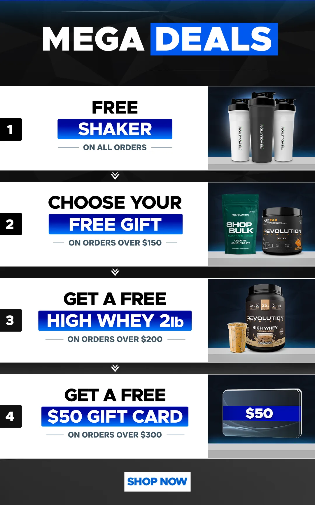 our tiers are free shipping over $99, free creating 1kg over $200 and a $50 e-gift card over $300