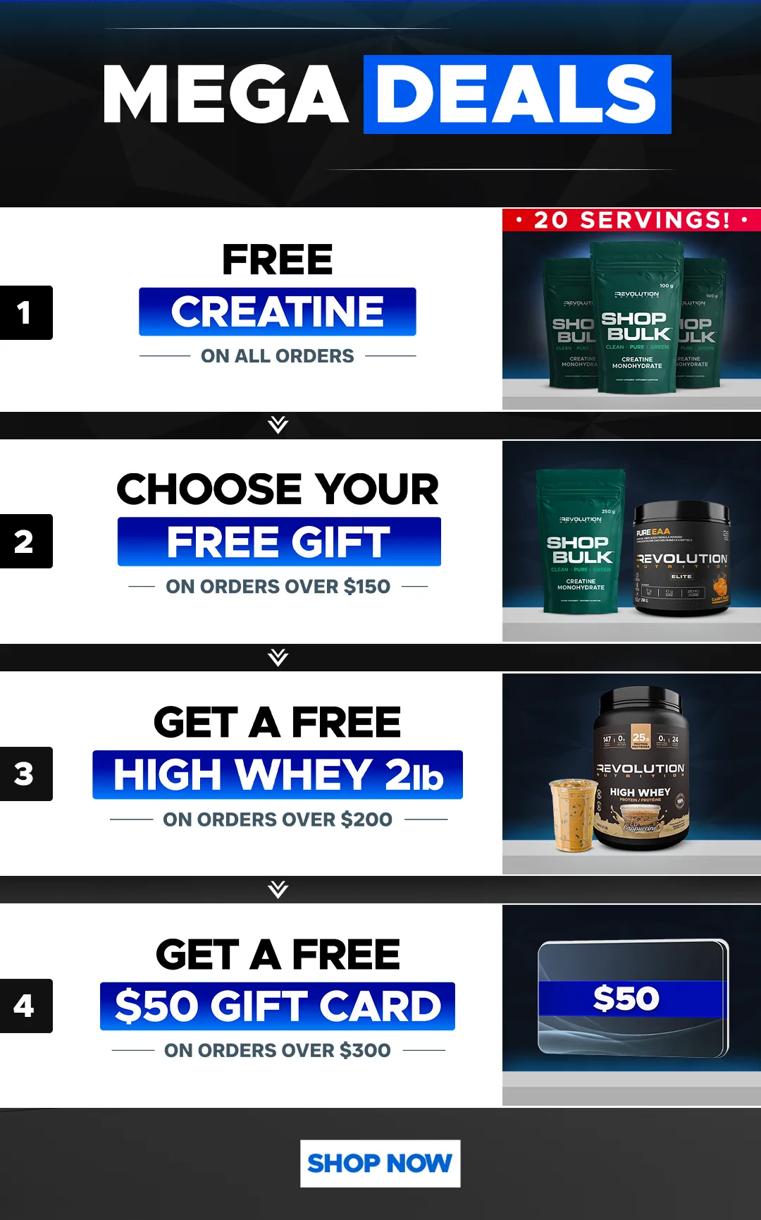 our tiers are free shipping over $99, free creating 1kg over $200 and a $50 e-gift card over $300