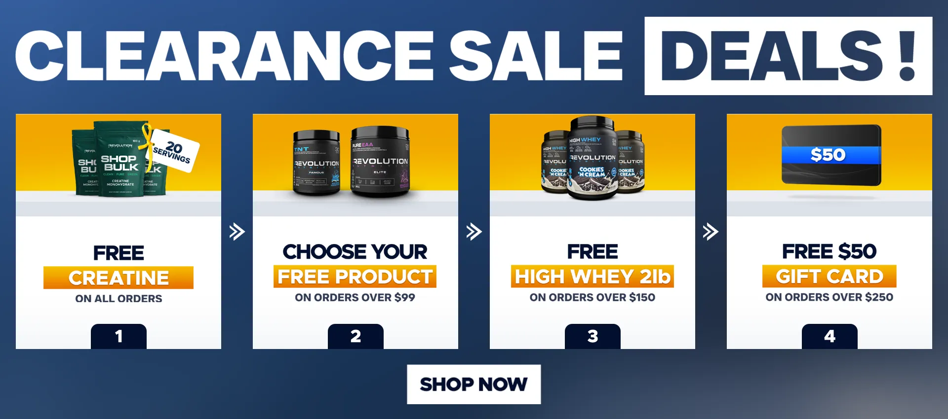 CLEARANCE SALE - Free creatine 20 Servings on all orders, choose between TNT and pure EAA over 99$ and high whey over 150$ and 50$ gift card over 250, you can only choose one gift at any given time