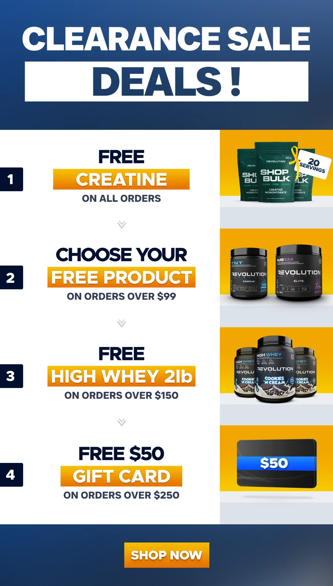 CLEARANCE SALE - Free creatine 20 Servings on all orders, choose between TNT and pure EAA over 99$ and high whey over 150$ and 50$ gift card over 250, you can only choose one gift at any given time