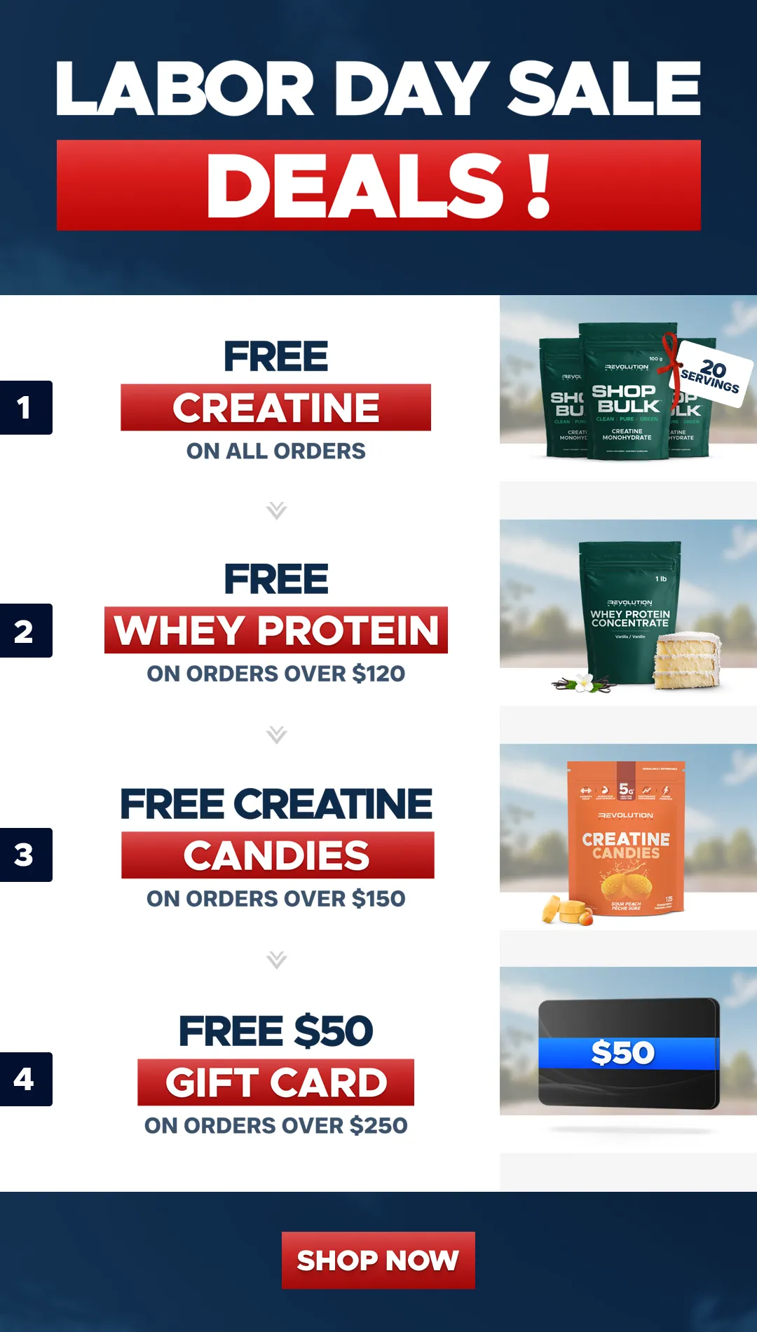 CLEARANCE SALE - Free creatine 20 Servings on all orders, choose between TNT and pure EAA over 99$ and high whey over 150$ and 50$ gift card over 250, you can only choose one gift at any given time