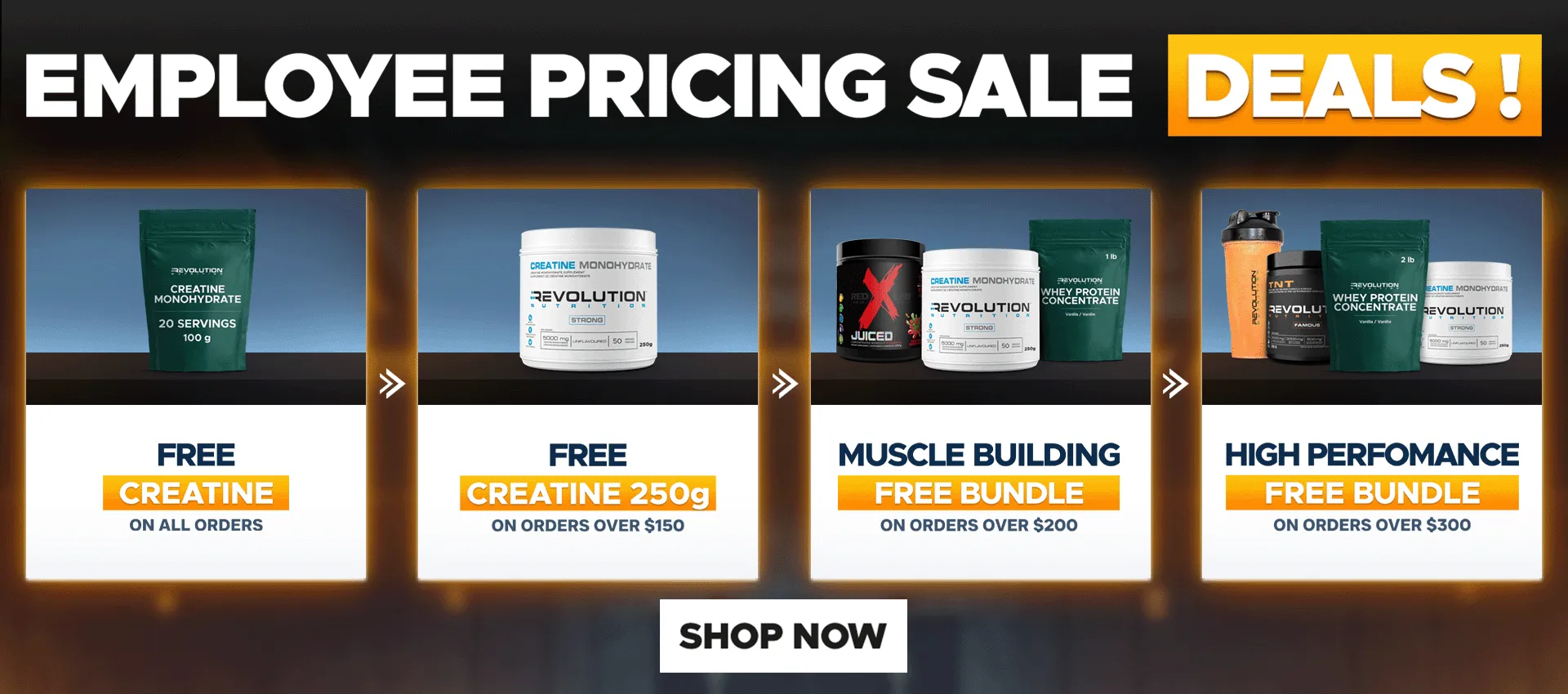 our tiers are free shipping over $99, free creating 1kg over $200 and a $50 e-gift card over $300