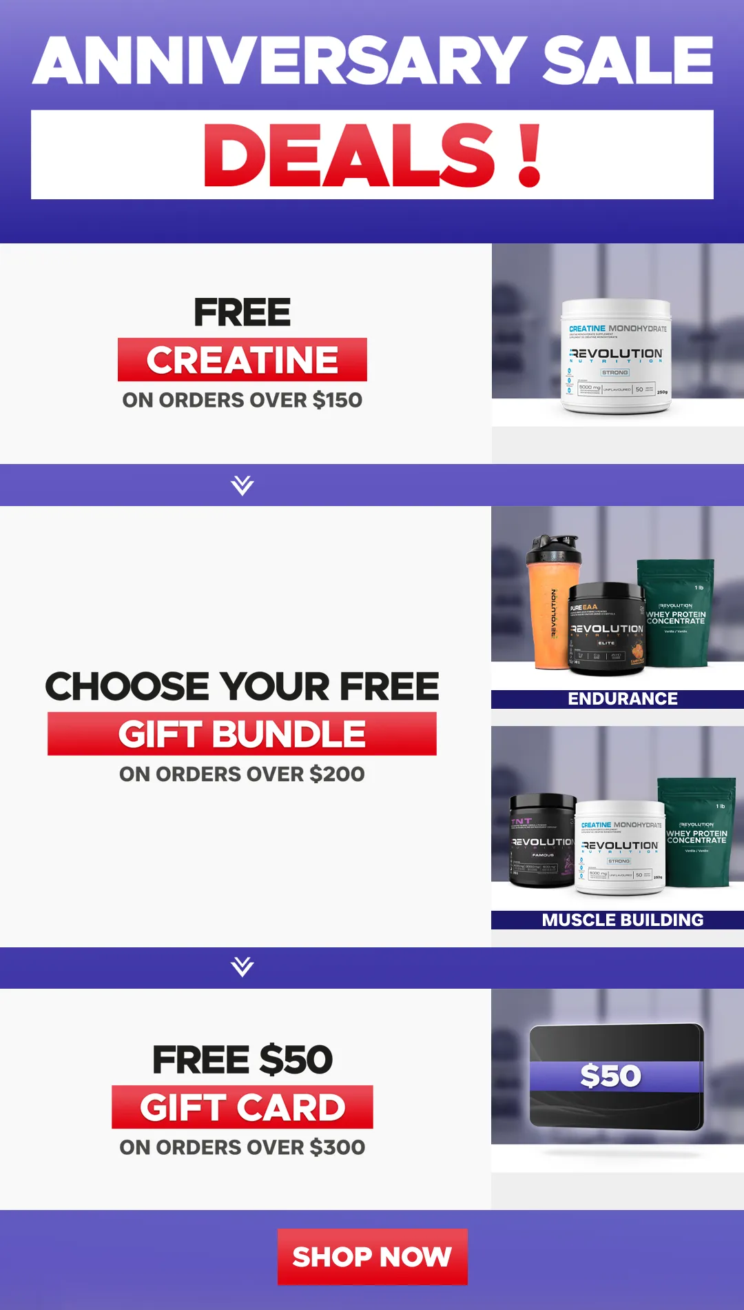 our tiers are free shipping over $99, free creating 1kg over $200 and a $50 e-gift card over $300
