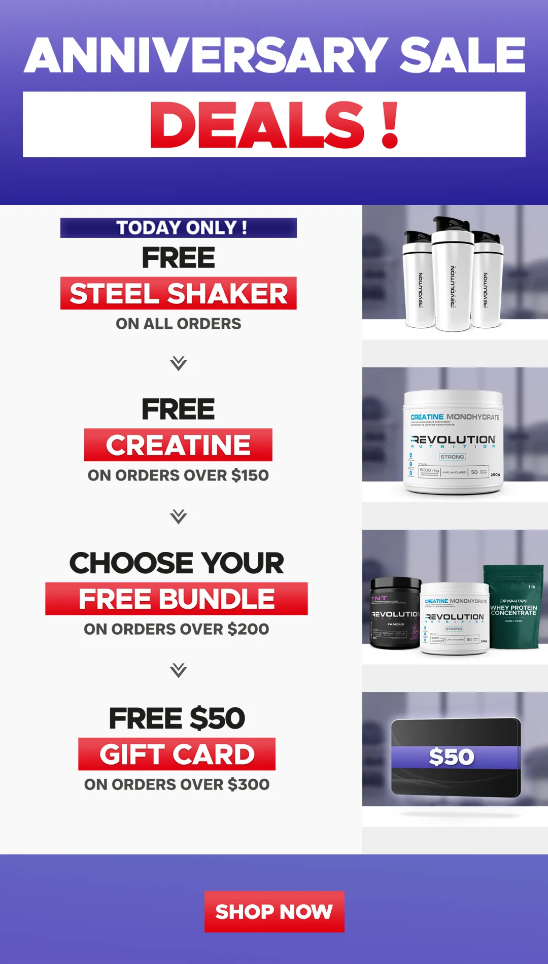 our tiers are free shipping over $99, free creating 1kg over $200 and a $50 e-gift card over $300