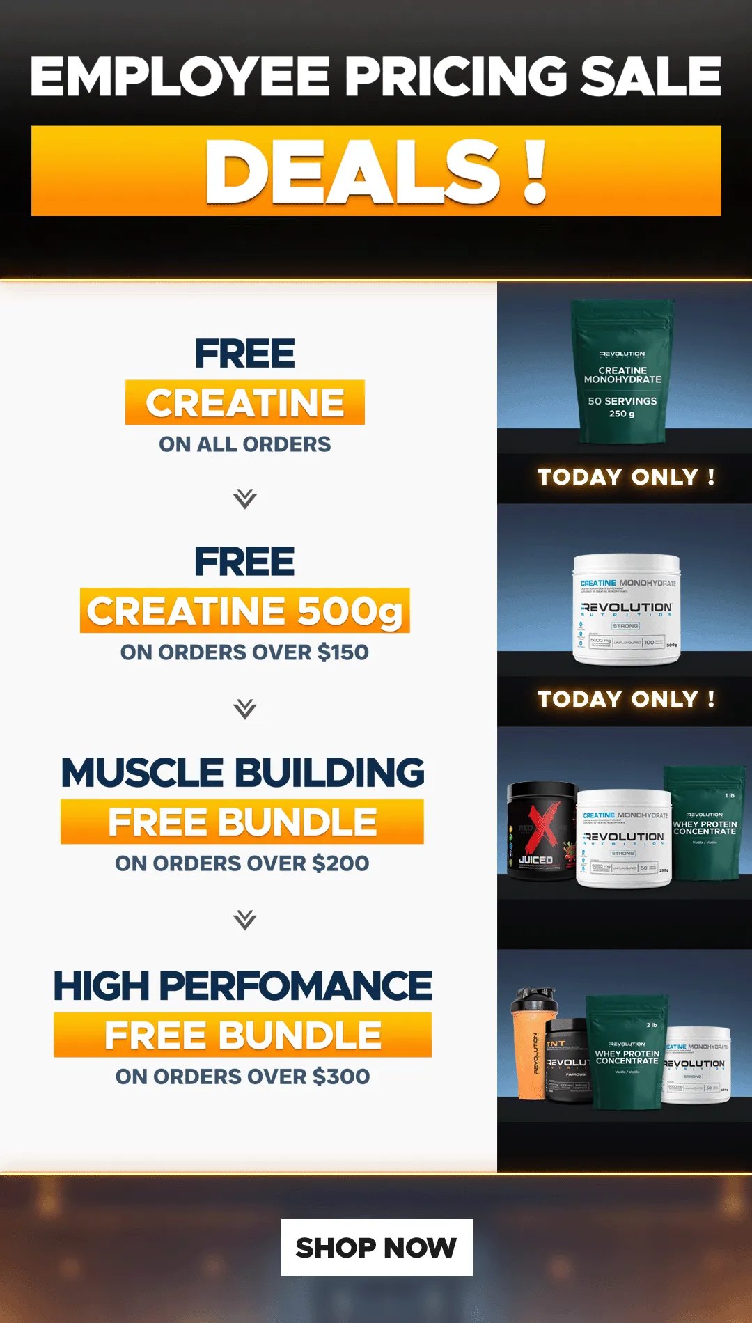 our tiers are free shipping over $99, free creating 1kg over $200 and a $50 e-gift card over $300