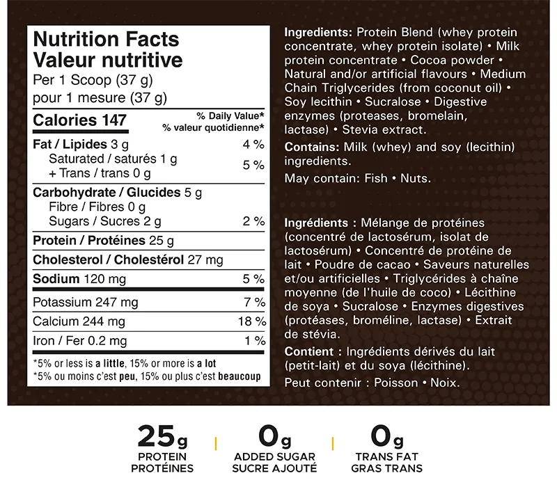 high whey nutrition facts, 147 calories, 25g of protein, 2g of sugar per 37g