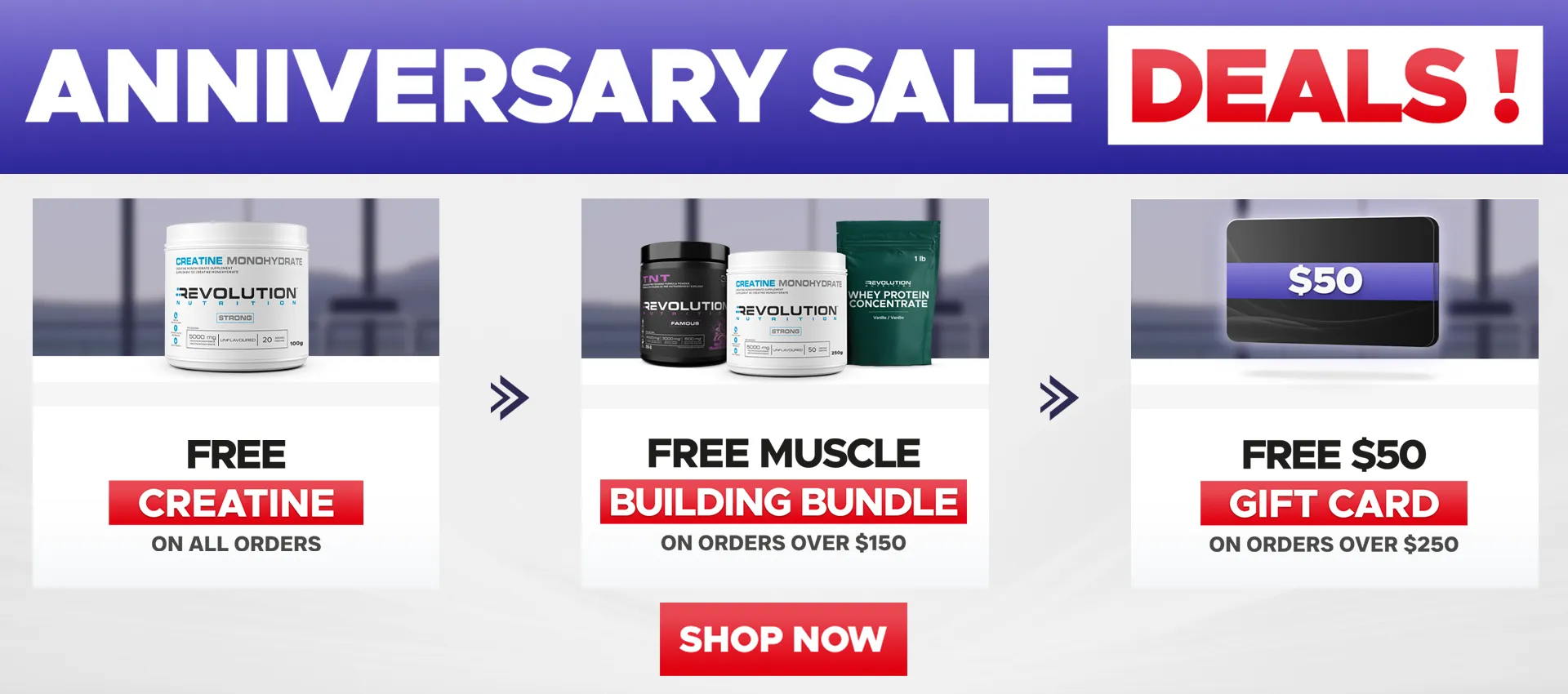 CLEARANCE SALE - Free creatine 20 Servings on all orders, choose between TNT and pure EAA over 99$ and high whey over 150$ and 50$ gift card over 250, you can only choose one gift at any given time