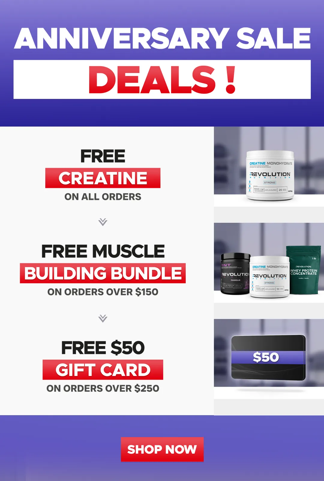 CLEARANCE SALE - Free creatine 20 Servings on all orders, choose between TNT and pure EAA over 99$ and high whey over 150$ and 50$ gift card over 250, you can only choose one gift at any given time